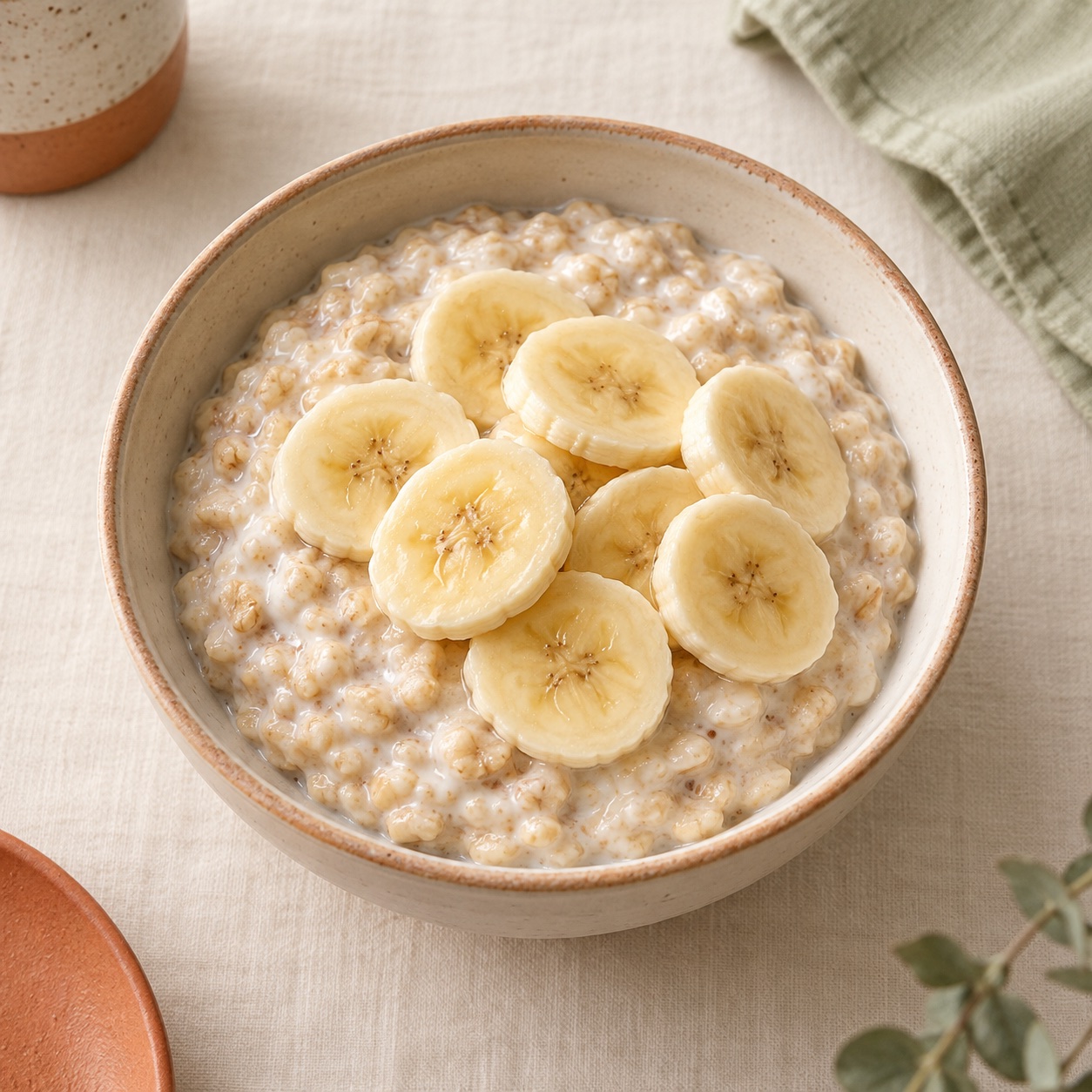 Foto ilustrativa creada con IA de avena cremosa con banana y yogur natural.