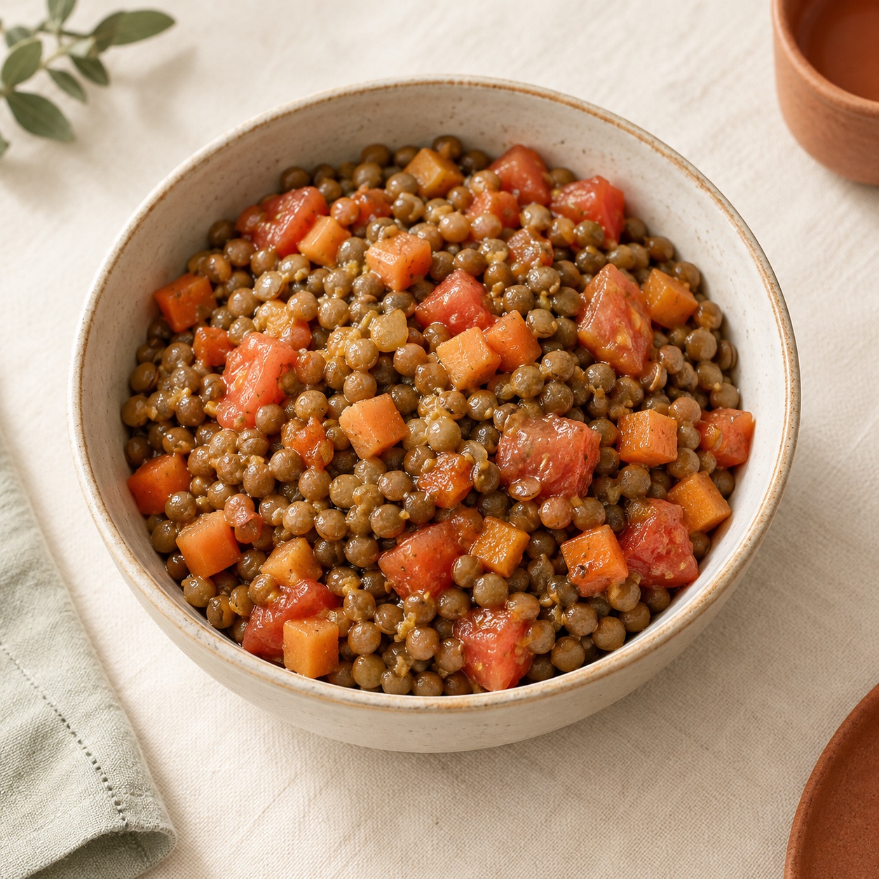 Foto ilustrativa creada con IA de lentejas con zanahoria y tomate.