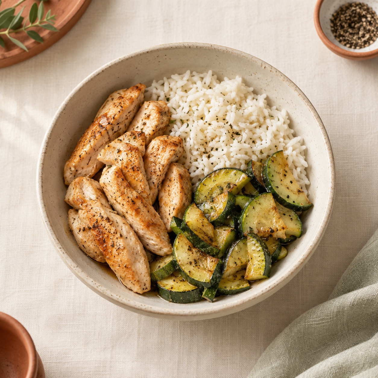 Foto ilustrativa creada con IA de un bowl de pollo, arroz y zapallitos.