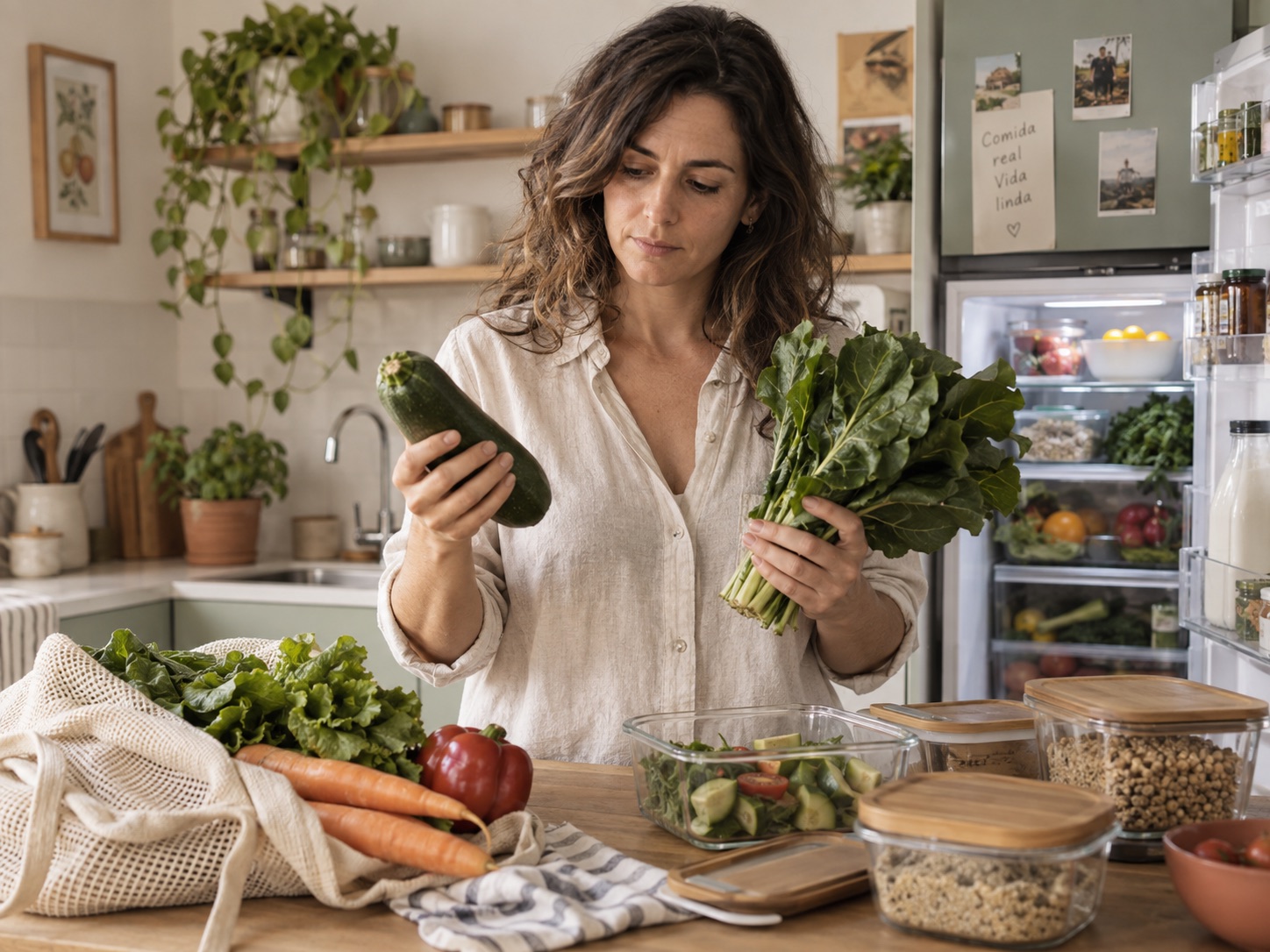 Imagen ilustrativa de una mujer revisando verduras y preparaciones guardadas para aprovecharlas.