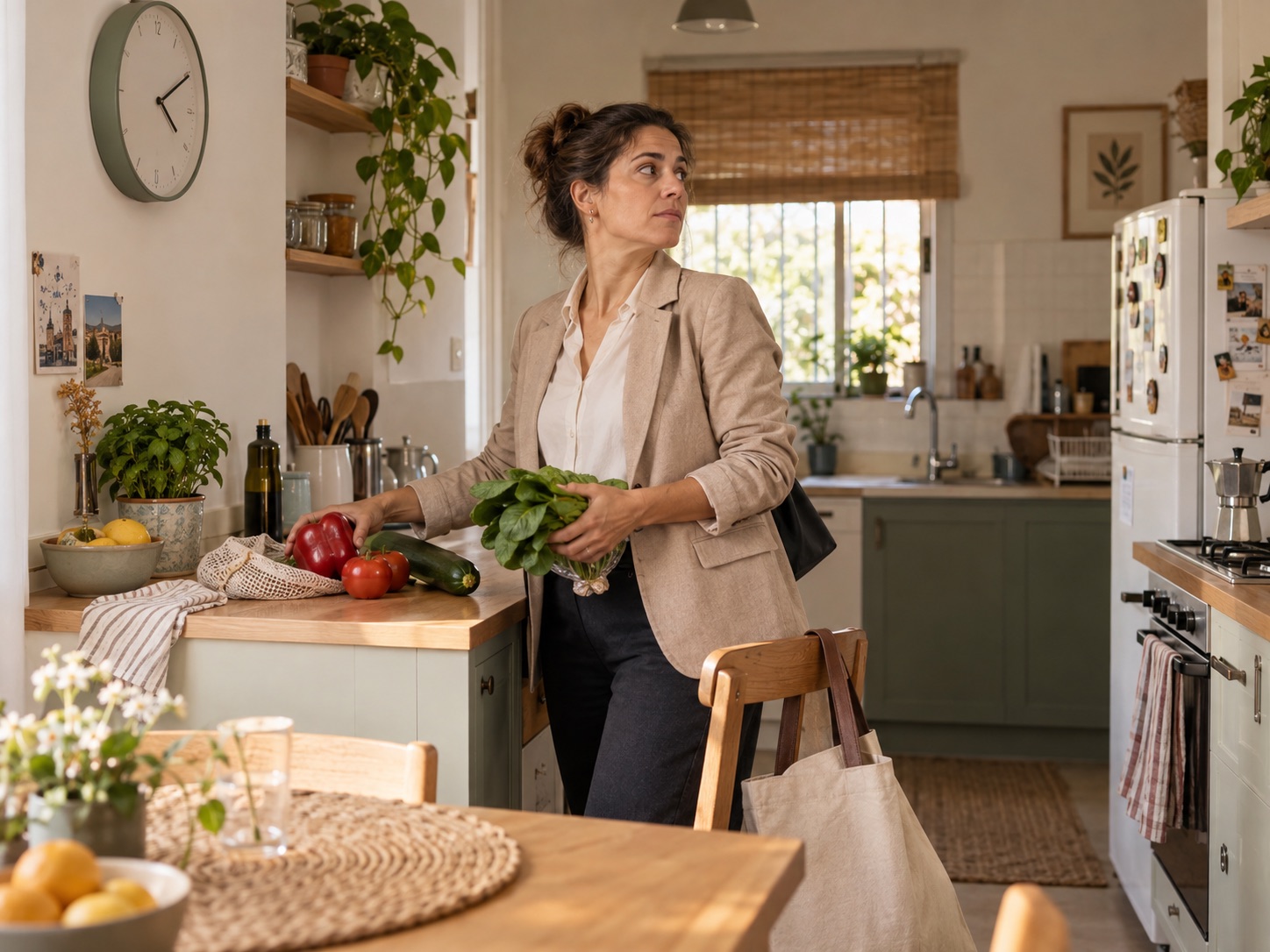 Imagen ilustrativa de una mujer que acaba de llegar a casa revisando el tiempo disponible para cocinar.