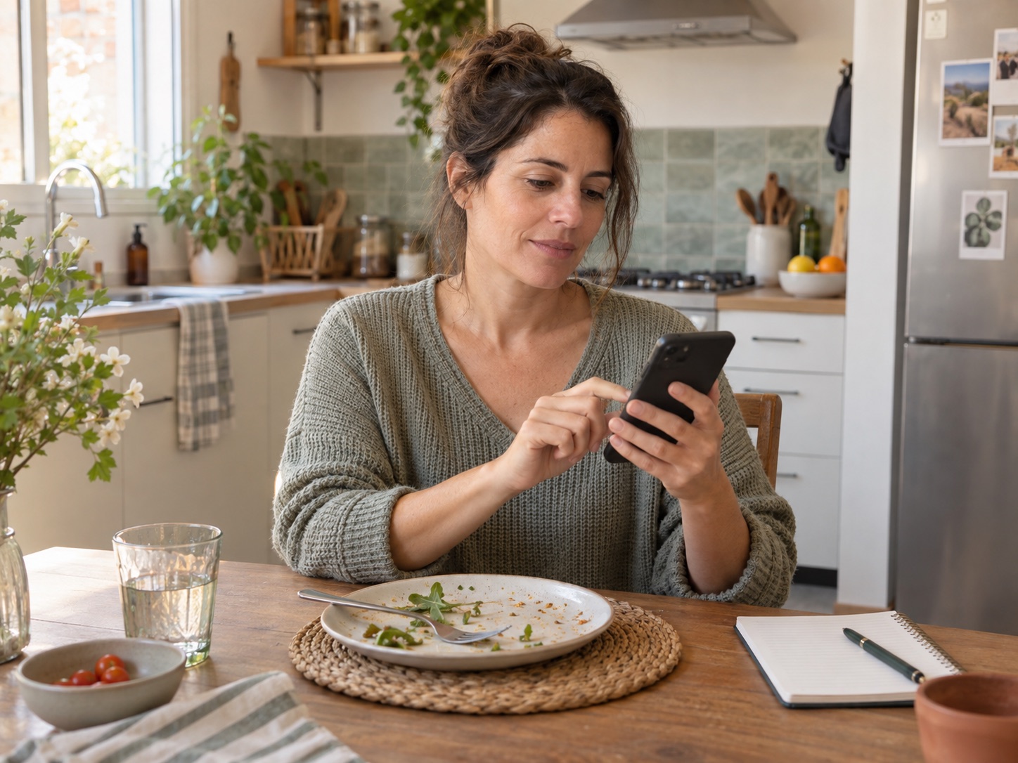 Imagen ilustrativa de una mujer usando su celular junto a su comida para anotar lo que consumió.