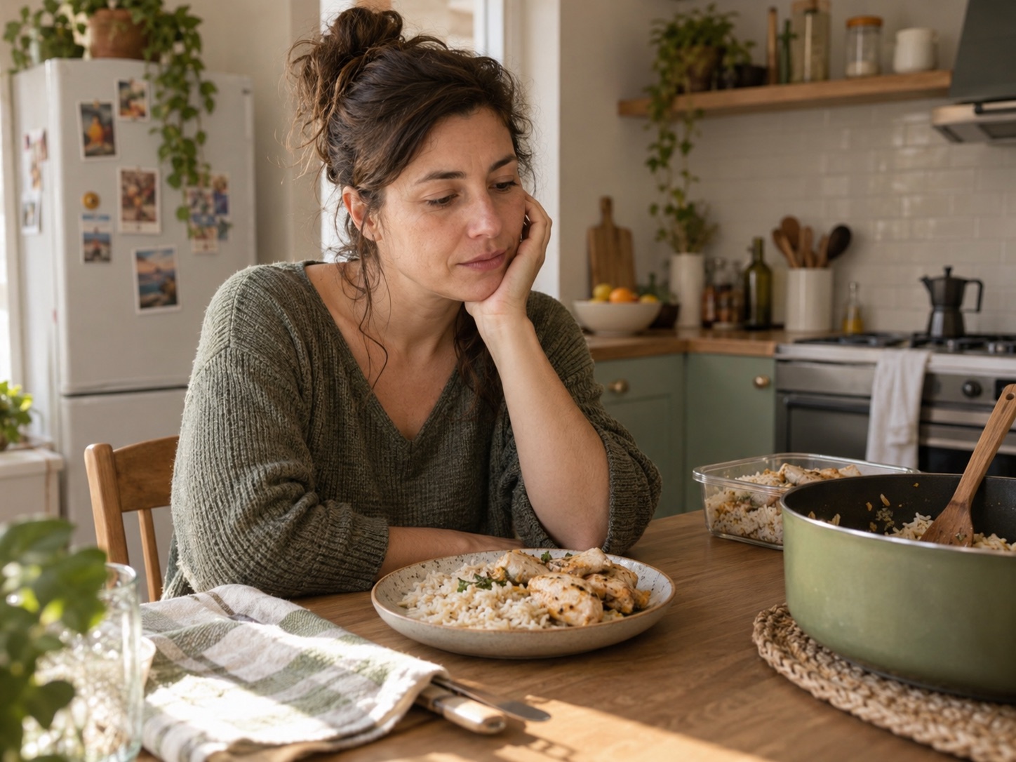 Imagen ilustrativa de una mujer mirando su comida cotidiana y buscando una idea diferente.