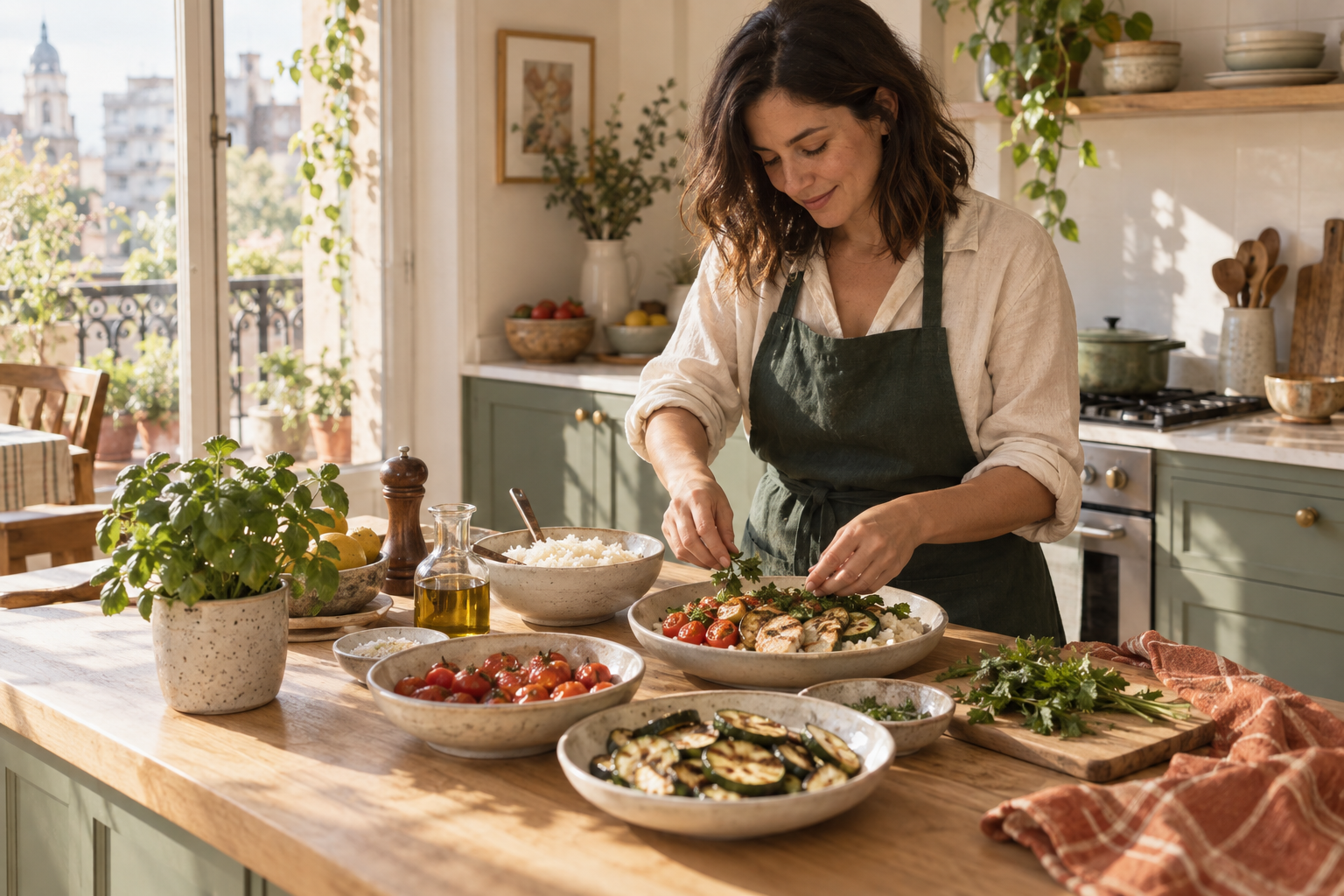 Imagen ilustrativa de una mujer preparando una comida casera con ingredientes cotidianos.