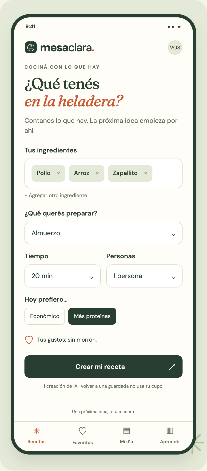 Pantalla para cargar pollo, arroz y zapallito, elegir almuerzo, 20 minutos, una persona y más proteínas.