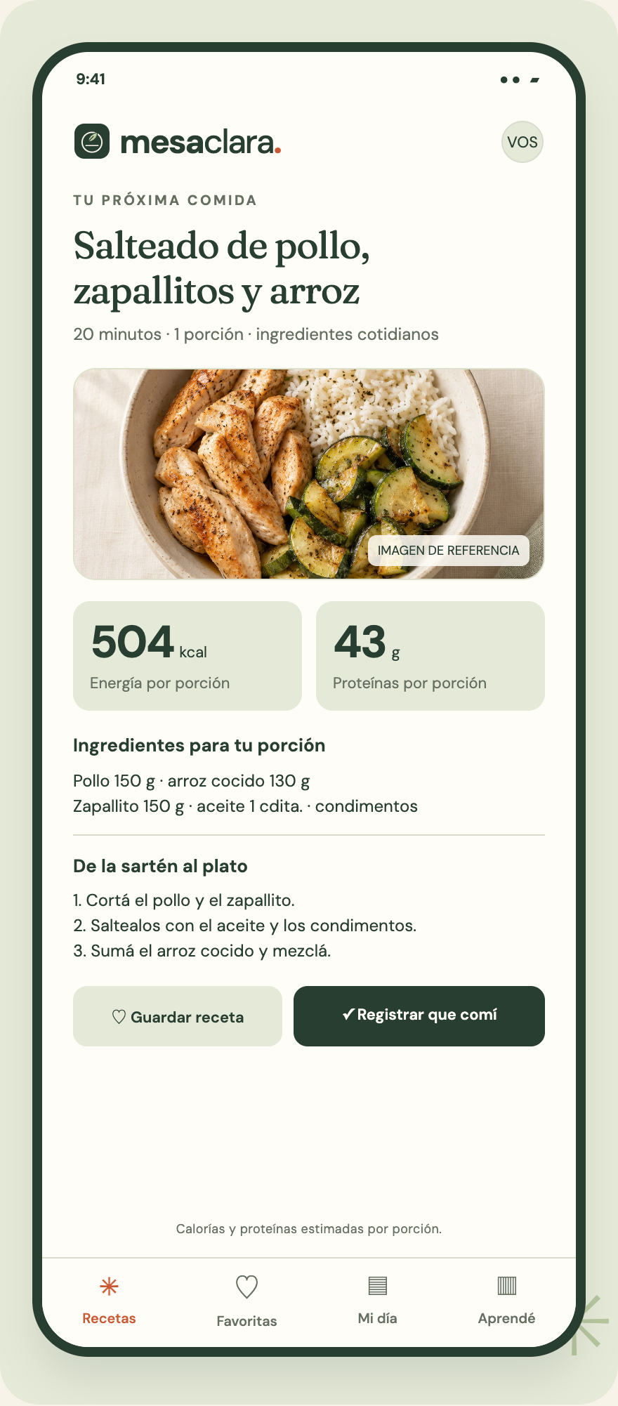 Pantalla del salteado de pollo, zapallitos y arroz: 504 kcal y 43 gramos de proteínas por porción, valores orientativos.