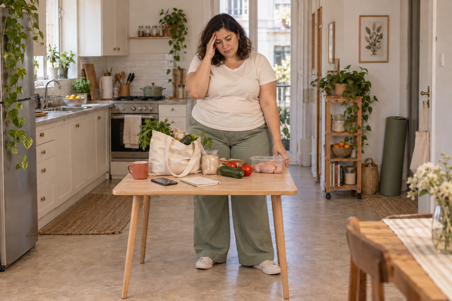 Escena ficticia creada con IA: mujer de figura corpulenta, con expresión cansada e indecisa, ante ingredientes sin preparar.