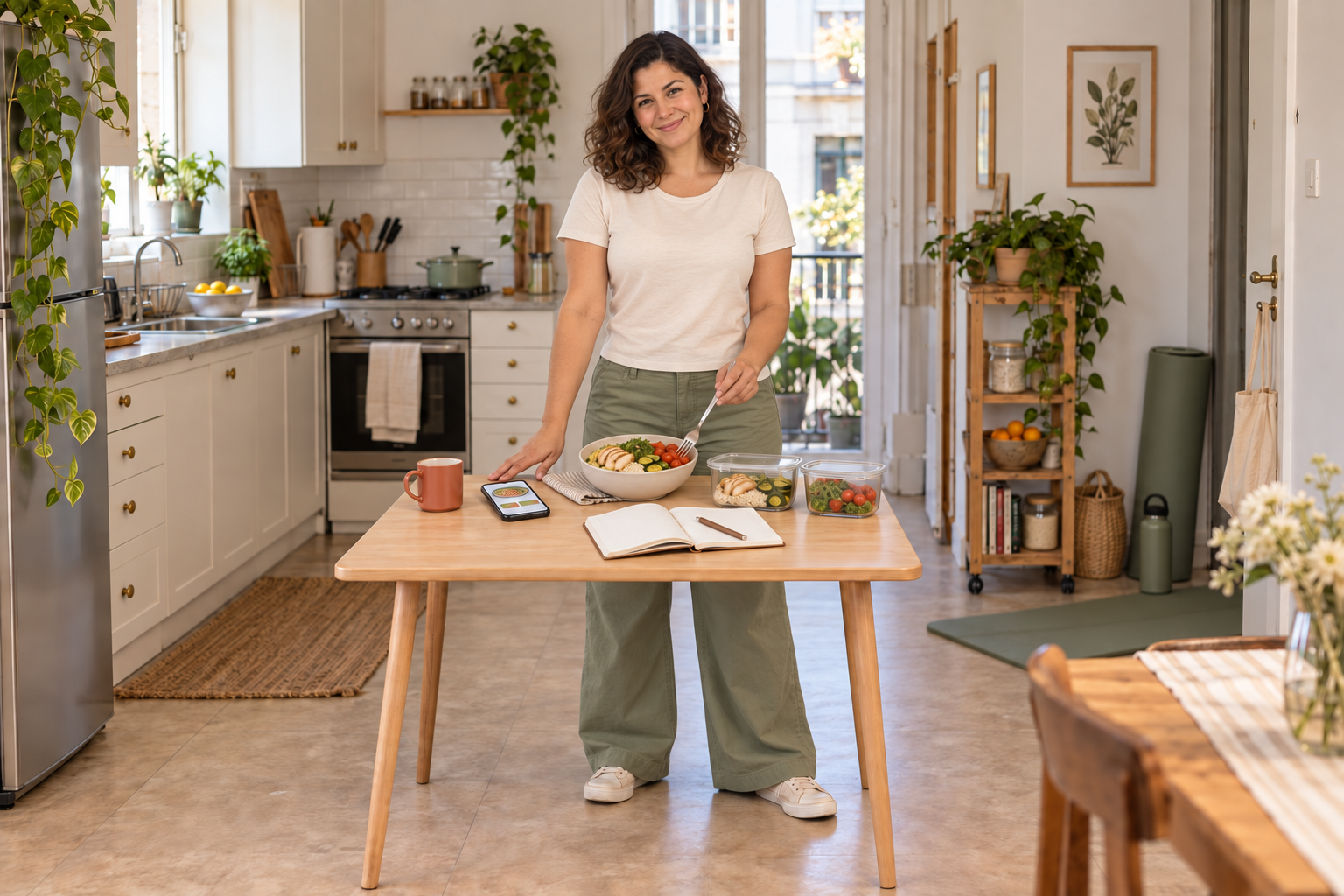 Escena ficticia creada con IA: versión más delgada y sonriente de la mujer, con una comida preparada y su organización a mano. No representa un resultado de Mesa Clara.